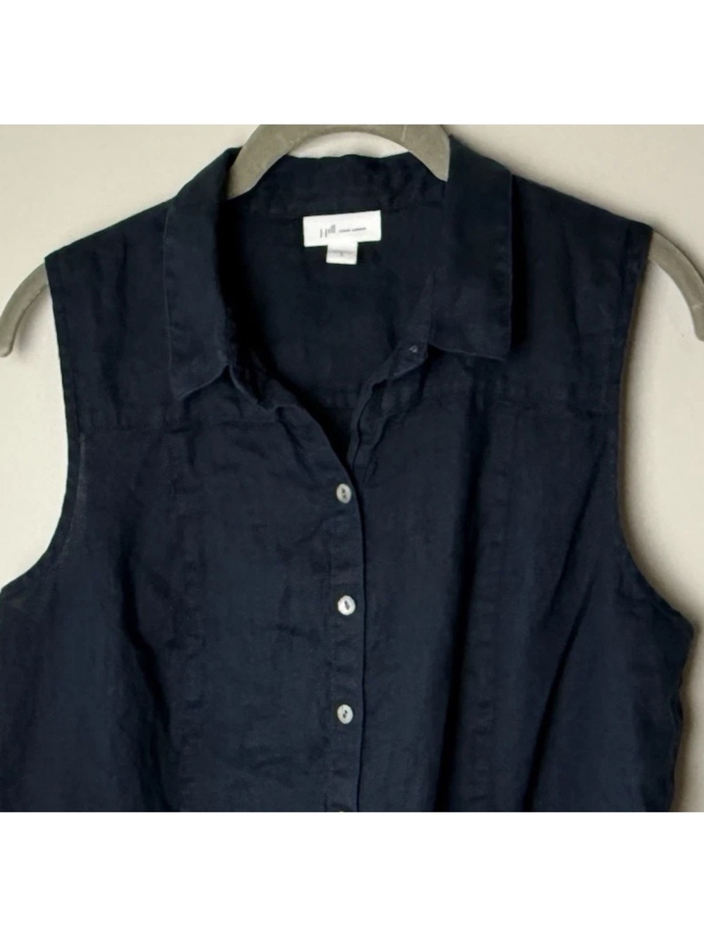 J. Jill Love Linen Top Size Medium Navy Blue Sleeveless Button Front Collared - Picture 3 of 5